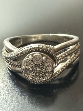 Sterling Silver Diamond Cluster Ring - Split Shank Pavé Band - Size 5.75